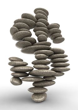 Dollar stability symbol, pebble stack shaped as currency sign over white. Extralarge resolution