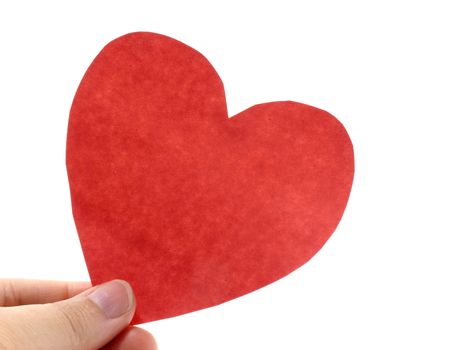 A hand hold a red heart on white background