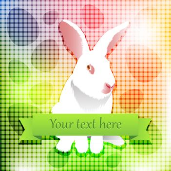 Beautiful realistic easter white rabbit on a checkered rainbow background with egg shapes