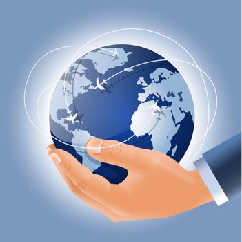 Illustration of earth globe in a hand of businessman with airplane flight marchroutes all over it