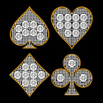 Diamond shaped Card Suits with golden framing over black background. Other gems are in my portfolio. Extralarge resolution