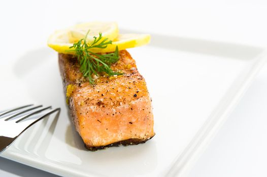 Delicious grilled salmon on a white plate with salt, pepper and lemon slices.