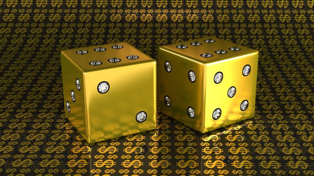 Two golden dies with diamonds over US dollar background. Large resolution