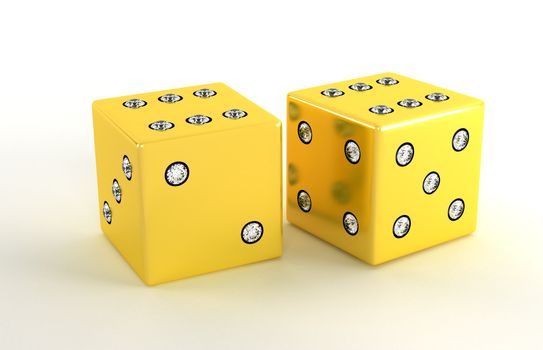 Two golden polished dies with diamonds over white background. Large resolution