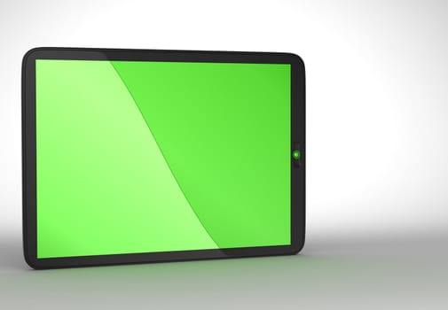 Close-up of slim Tablet PC with green colored screen. Free space for text. Extralarge resolution.