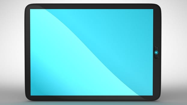 Horizontal view of modern Tablet PC with blue colored screen. Extralarge resolution.