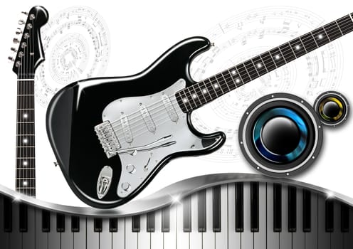 Musical background with piano keys, guitar and woofer
