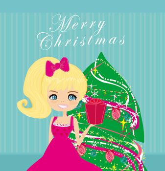 cute girl with gift box near by Christmas Tree