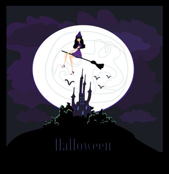 Witch flying on a broom in moonlight.