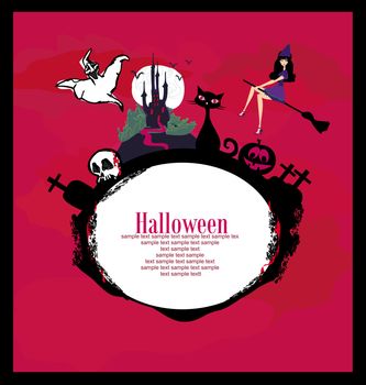 halloween invitation or background with spooky castle and bats , witch, cat, skull and graves