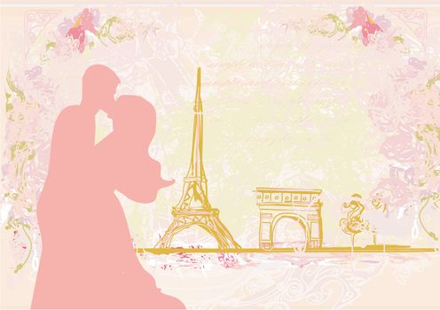 Romantic couple in Paris kissing near the Eiffel Tower Retro card