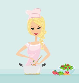 Beautiful lady cooking vegetable soup