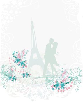 Romantic couple in Paris kissing near the Eiffel Tower. Silhouette