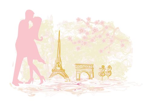 Romantic couple in Paris kissing near the Eiffel Tower Retro card