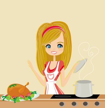 Beautiful lady cooking chicken