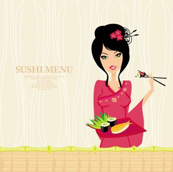 beautiful Asian girl enjoy sushi - menu template