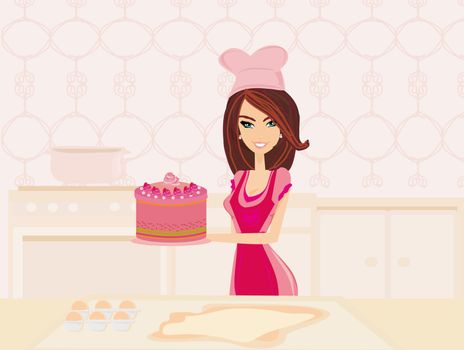 beautiful Housewife cooking birthday cake