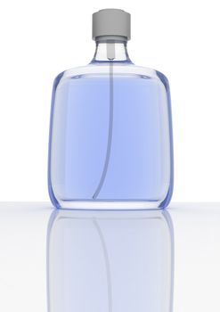 blue perfume on a white background with reflection