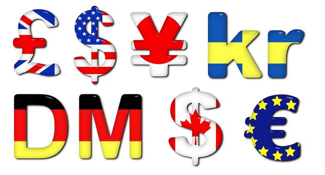 Illustration of many Currencies with flag textures