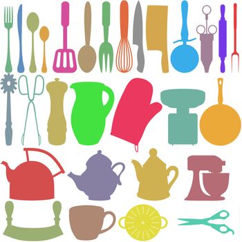 Colourful silhouettes of Kitchen utensils and objects