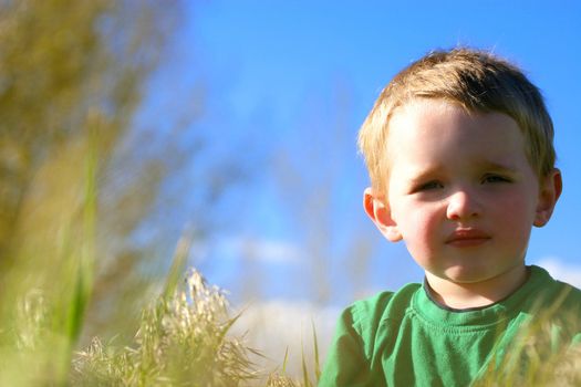 Young boy sitting in the tall grass