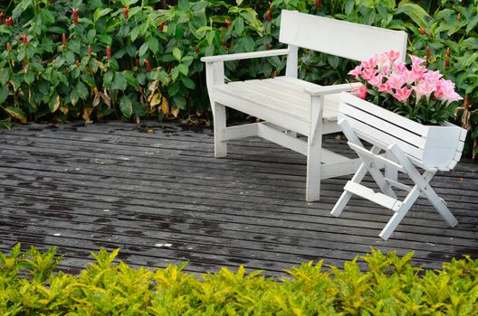 White wood chair And flower pot with pink flower on floor in garden