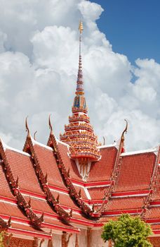 Roofing Buddhist monastery on the sky background. Wat Chalong
