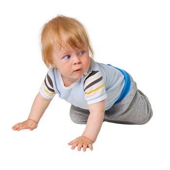 The little boy crawling on white background