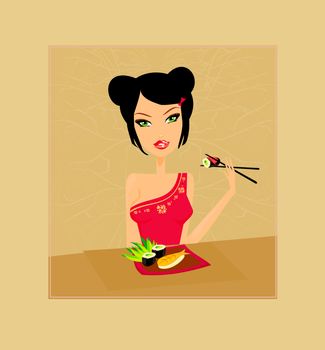 A beautiful woman enjoys sushi