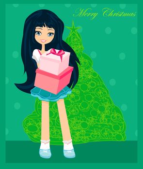 beautiful girl with gift box - Christmas postcard
