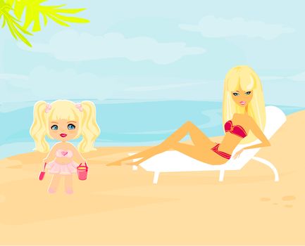 young mother and her daughter at beach