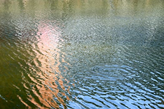 Waves at lake. Various colors objects reflected in the water