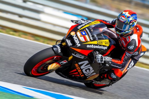 JEREZ DE LA FRONTERA, SPAIN - MAR 23: MotoGP motorcyclist Colin Edwards takes a curve in the MotoGP Official Trainnig on March 23, 2012 in Jerez de la Frontera, Spain