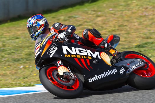 JEREZ DE LA FRONTERA, SPAIN - MAR 23: MotoGP motorcyclist Colin Edwards takes a curve in the MotoGP Official Trainnig on March 23, 2012 in Jerez de la Frontera, Spain