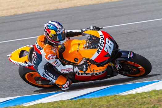 JEREZ DE LA FRONTERA, SPAIN - MAR 23: MotoGP motorcyclist Dani Pedrosa takes a curve in the MotoGP Official Trainnig on March 23, 2012 in Jerez de la Frontera, Spain