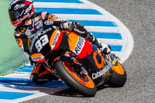 JEREZ DE LA FRONTERA, SPAIN - MAR 21: Moto2 motorcyclist Marc Marquez takes a curve in the MotoGP Official Trainnig on March 21, 2012 in Jerez de la Frontera, Spain