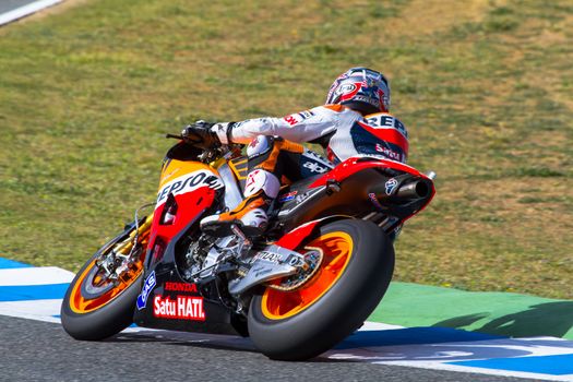 JEREZ DE LA FRONTERA, SPAIN - MAR 23: MotoGP motorcyclist Dani Pedrosa takes a curve in the MotoGP Official Trainnig on March 23, 2012 in Jerez de la Frontera, Spain