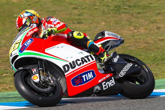 JEREZ DE LA FRONTERA, SPAIN - MAR 23: MotoGP motorcyclist Valentino Rossi takes a curve in the MotoGP Official Trainnig on March 23, 2012 in Jerez de la Frontera, Spain