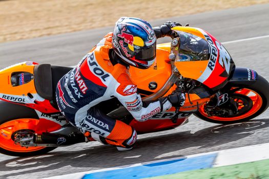 JEREZ DE LA FRONTERA, SPAIN - MAR 25: MotoGP motorcyclist Dani Pedrosa takes a curve in the  Official Trainnig on March 25, 2012 in Jerez de la Frontera, Spain