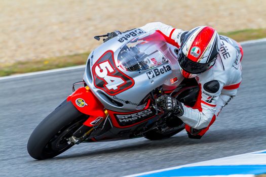 JEREZ DE LA FRONTERA, SPAIN - MAR 25: MotoGP motorcyclist Mattia Pasini takes a curve in the MotoGP Official Trainnig on March 25, 2012 in Jerez de la Frontera, Spain
