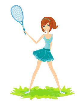 Young girl with a tennis racket over white background