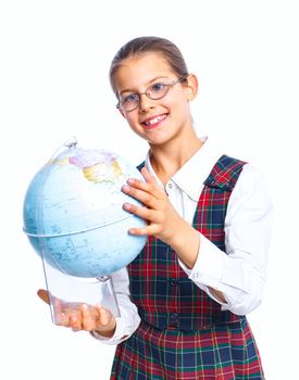 Schoolgirl holding a globe. Isolated. Vertical view