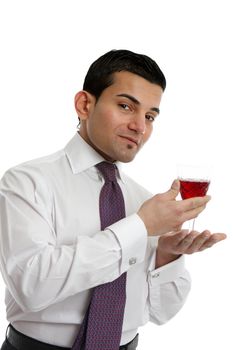 A man or salesman presenting or showing a glass of wine.  White background.