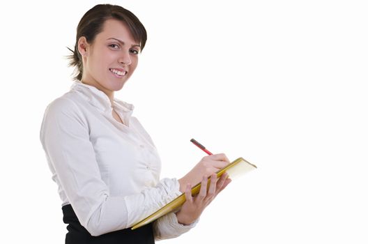 A businesswoman writes down answers on a questionnaire or fills out forms during an interview, high key 