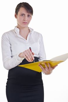 Portrait of a beautiful business woman showing a folder with a pencil, high key