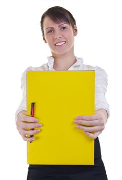 girl office staff showing a blank yellow folder, high key, focus on folder