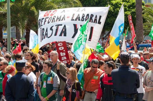 LAS PALMAS, SPAIN–MARCH 29: Unidentified workers protesting against new labor reforms and austerity cuts, during the Spanish general strike 29-M on March 29, 2012 in Las Palmas, Spain
