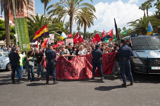 LAS PALMAS, SPAIN–MARCH 29: Unidentified workers protesting against new labor reforms and austerity cuts, during the Spanish general strike 29-M on March 29, 2012 in Las Palmas, Spain
