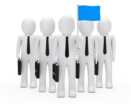 business men with team hold blue flags