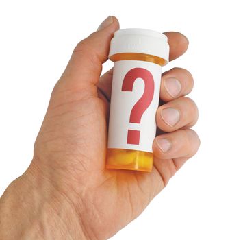 Close up of a hand holding a yellow pill bottle with a large red question mark on the label. Isolated on white. Includes clipping path.
